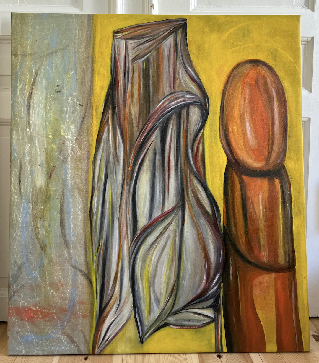 wall, skirt and pearls, 2023 oil on canvas 92x 86cm - Cover image